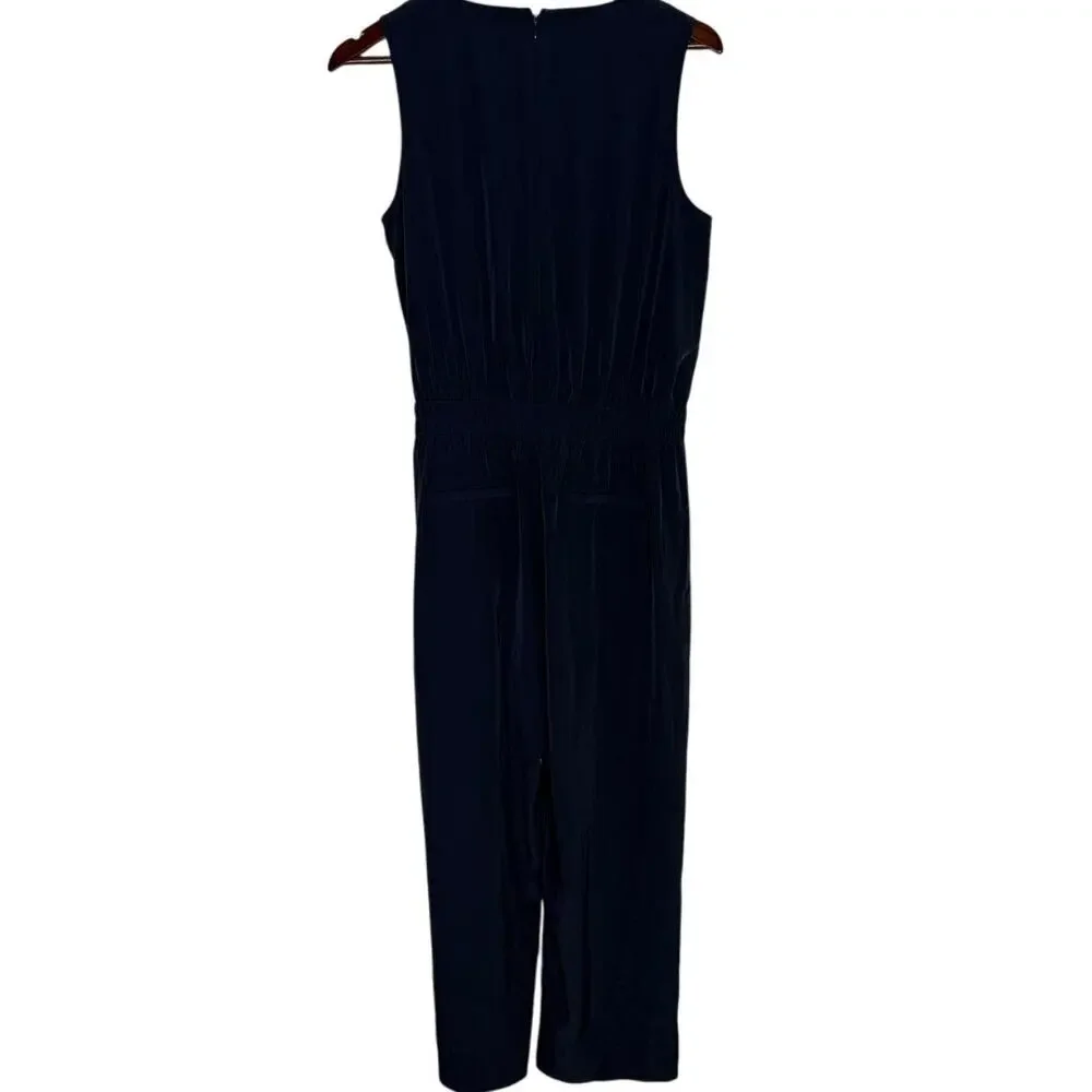 J Crew Sleeveless Satin Effect OnePiece Jumpsuit Elastic Tie Waist Pocket 6 Blue - Picture 14 of 15